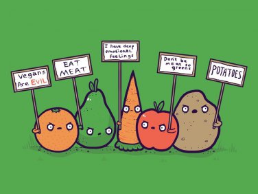 "Protesting Vegans" Vegetables w/ Signs Protesting Against - Vinyl Print Poster