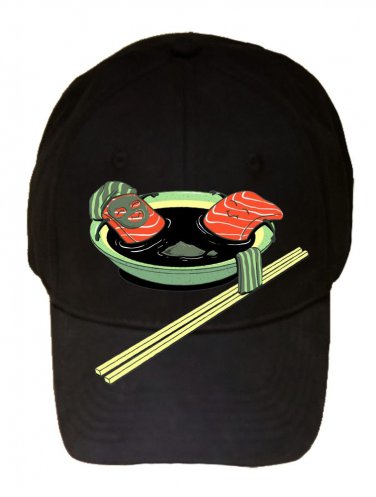 "Salmon Spa" Cartoon Fish Filets Bathing in Soup - Black Adjustable Cap Hat