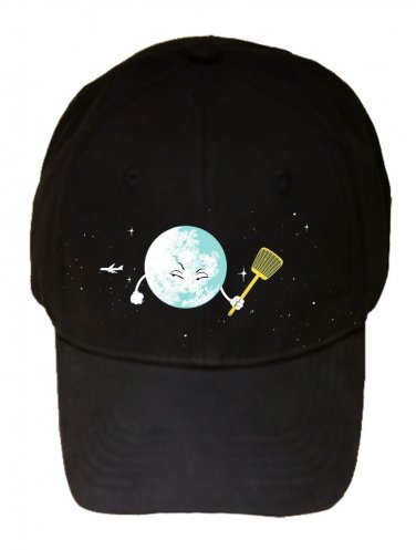 "Disturbing Fly" Moon Flyswatter & Jet Airplane - Black Adjustable Cap Hat