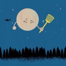 "Disturbing Fly" Moon w/ Flyswatter & Jet - Plywood Wood Print Poster Wall Art