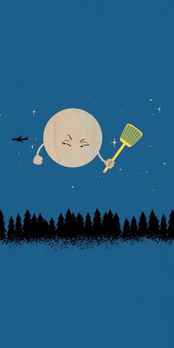 "Disturbing Fly" Moon w/ Flyswatter & Jet - Plywood Wood Print Poster Wall Art