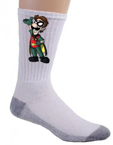 Red Bird Sidekick Guy Video Game & Bat Super Hero Parody - Crew Socks Pair