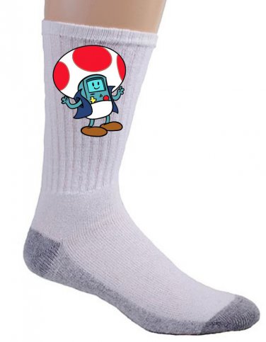 Plumbing Time Mushroom Robot Guy Video Game & TV Show Parody - Crew Socks Pair