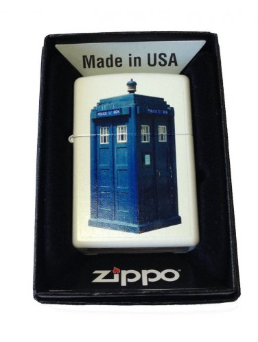 Zippo Custom Lighter - British Blue Tardis Police Box White Matte