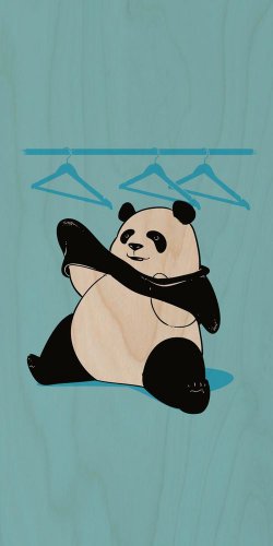 "Outfit" Funny Panda Bear Trying On Clothes - Plywood Wood Print Poster Wall Art