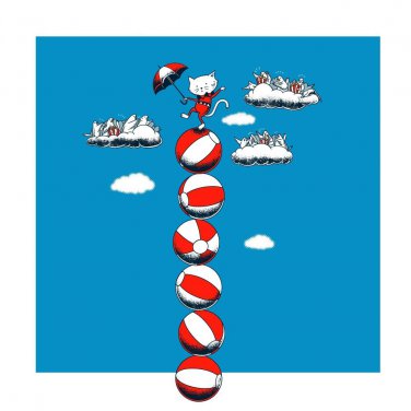 "Sky Circus" Funny Kitty Cat w/ Umbrella Balancing on Balls - Vinyl Print Poster