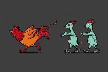 "Zombie Attack" Rooster Chased by Infected Chickens Funny - Vinyl Print Poster