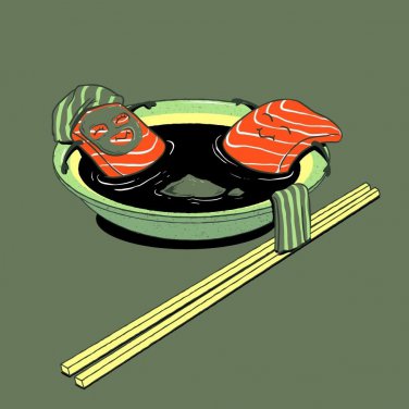 "Salmon Spa" Funny Cartoon Food Fish Filets Bathing Soup - Vinyl Print Poster