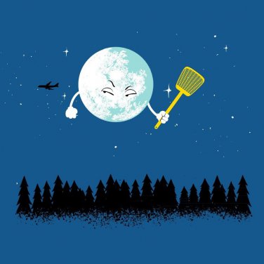 "Disturbing Fly" Moon w/ Flyswatter Aiming for Jet Airplane - Vinyl Print Poster