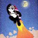 Cute Panda Bear Going to the Moon Taking Off Space Rocket - Vinyl Print Poster