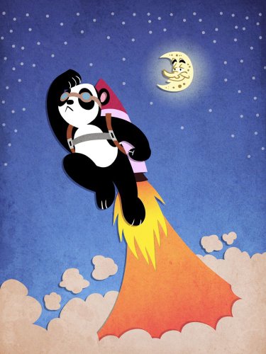 Cute Panda Bear Going to the Moon Taking Off Space Rocket - Vinyl Print Poster