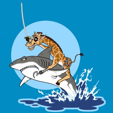 "Pirate Giraffe" Riding Shark Jumping From Water Funny - Vinyl Print Poster