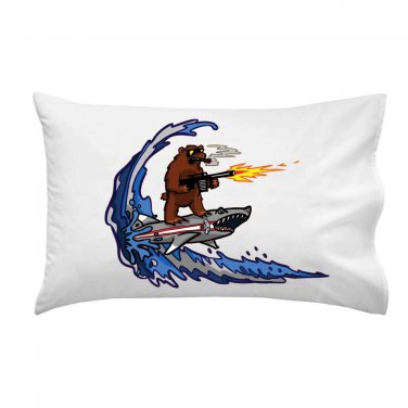 Shark Surfin Bear Funny Surfing Wave Animals Humor - Single Pillow Case