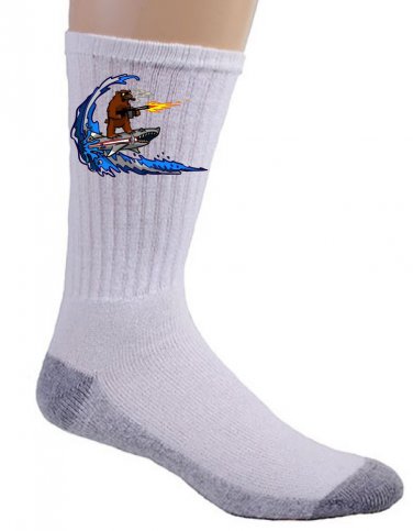 Shark Surfin Bear Funny Surfing Wave Animals Humor - Crew Socks Pair