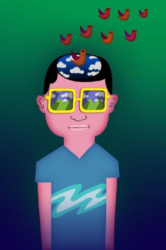 Day Dreaming Imagine Boy Artwork Cartoon Guy w/ Birds - Vinyl Print Poster