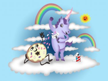 Donut Unicorn Shaving in Clouds Funny Mystical Cartoon Art - Vinyl Print Poster