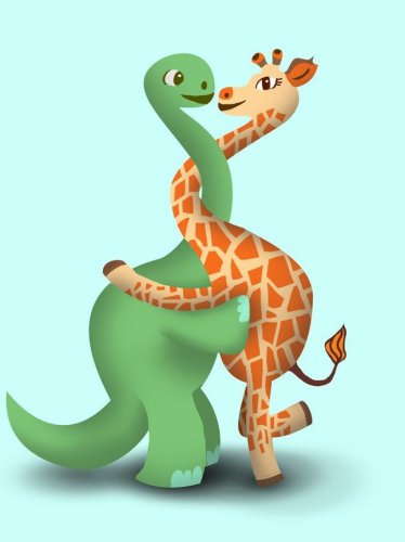Dino Giraffe Luv Hug Dinosaur & Giraffe Cute Love Embrace - Vinyl Print Poster