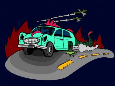 Dino Car Funny Dinosaur Lizard Car Cartoon Driving - Vinyl Print Poster