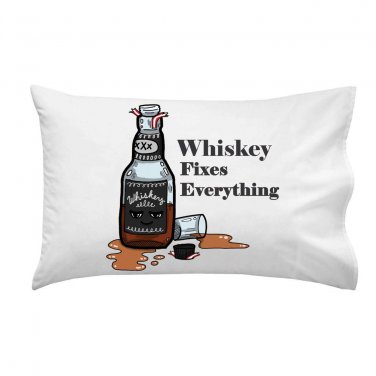 Whiskey Fixes Everything Drinking Humor Cartoon - Single Pillow Case