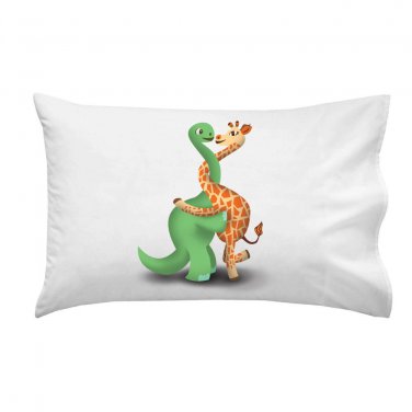 Dino Giraffe Luv Hug Dinosaur & Giraffe Cute Love Embrace - Single Pillow Case