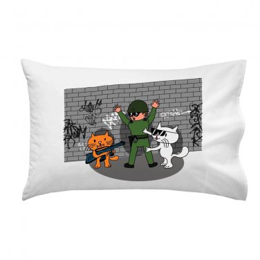Bad Cats w/ Cop Funny Cartoon Tagged Brick Wall - Single Pillow Case