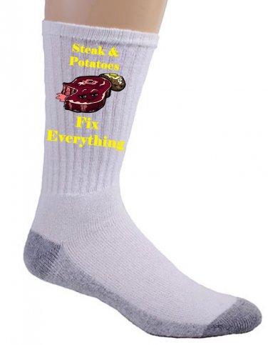 Steak & Potatoes Fix Everything Food Humor Cartoon - Crew Socks Pair