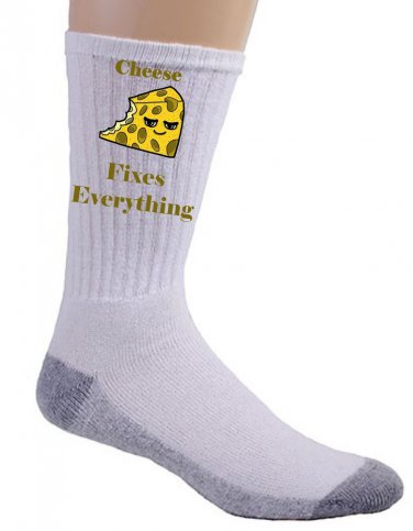 Cheese Fixes Everything Food Humor Cartoon - Crew Socks Pair