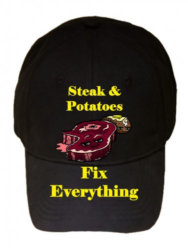 Steak & Potatoes Fix Everything Food Humor Cartoon - Black Adjustable Cap Hat