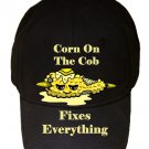 Corn on the Cob Fixes Everything Food Humor Cartoon - Black Adjustable Cap Hat