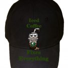 Iced Coffee Fixes Everything Food Humor Cartoon - Black Adjustable Cap Hat