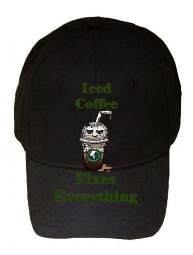 Iced Coffee Fixes Everything Food Humor Cartoon - Black Adjustable Cap Hat