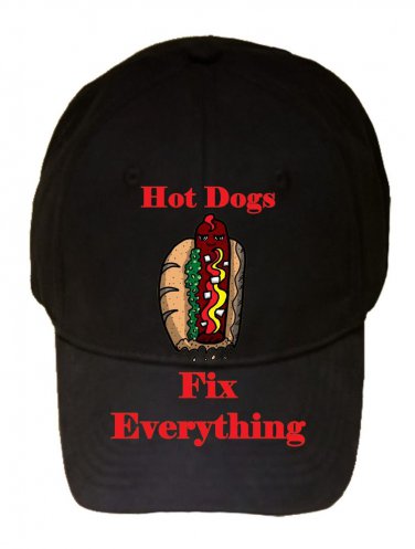 Hot Dogs Fix Everything Food Humor Cartoon - Black Adjustable Cap Hat