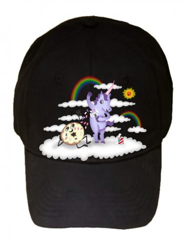 Donut Unicorn Shaving in Clouds Funny Cartoon Artwork - Black Adjustable Cap Hat