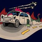 Dino Car Funny Dinosaur Lizard Cartoon - Plywood Wood Print Poster Wall Art