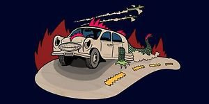 Dino Car Funny Dinosaur Lizard Cartoon - Plywood Wood Print Poster Wall Art