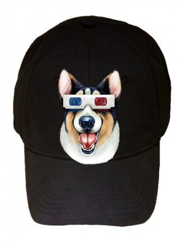 "Corgi 3D" Funny Puppy Dog Wearing Movie Glasses - Black Adjustable Cap Hat