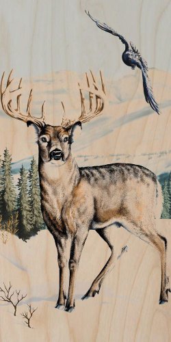 Deer Winter Scene w/ Bird Flying & Mountain - Plywood Wood Print Poster Wall Art