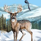 Deer Winter Scene w/ Bird Flying & Mountains - Rectangle Refrigerator Magnet