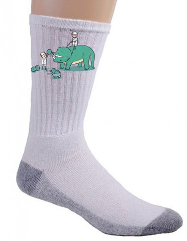 "How Bowling Balls Get Holes" Triceratops Dinosaur Horns Funny - Crew Socks Pair