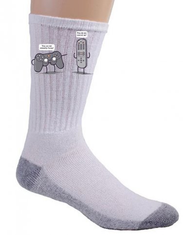 "Controlling" Video Game Controller & TV Remote Arguing Funny - Crew Socks Pair
