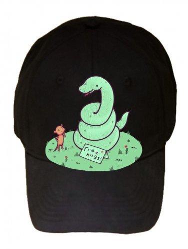 "Free Hugs" Funny Coiled Snake Offering to Mouse - Black Adjustable Cap Hat