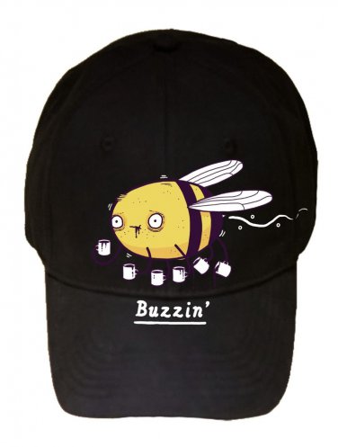 "Buzzin" Funny Bumblebee Bee Drinking Coffee Caffeine - Black Adjustable Cap Hat
