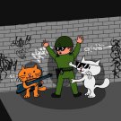 Bad Cats w/ Cop Funny Cartoon Tagged Brick Wall - Vinyl Sticker