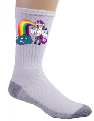 "Unicorn Rainbow Puke" w/ Smiling Cloud Funny Cartoon - Crew Socks Pair