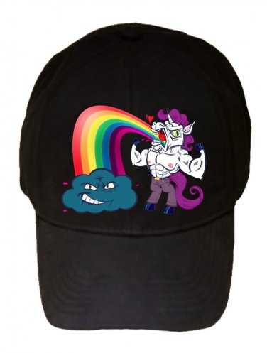 "Unicorn Rainbow Puke" w/ Smiling Cloud Funny Cartoon - Black Adjustable Cap Hat