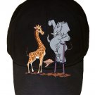 "Elephant Stilts" Standing w/ Giraffe Funny Cartoon - Black Adjustable Cap Hat