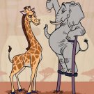 "Elephant Stilts" Standing w/ Giraffe - Plywood Wood Print Poster Wall Art