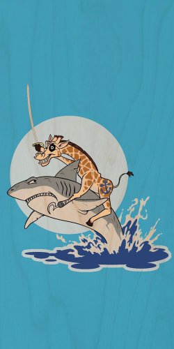 "Pirate Giraffe" Riding Shark Jumping Water - Plywood Wood Print Poster Wall Art