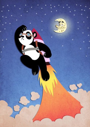 Panda Going to Moon Taking Off w/ Space Rocket - Rectangle Refrigerator Magnet