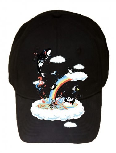 "Colorful Playground" Black & White Animals & Rainbow - Black Adjustable Cap Hat